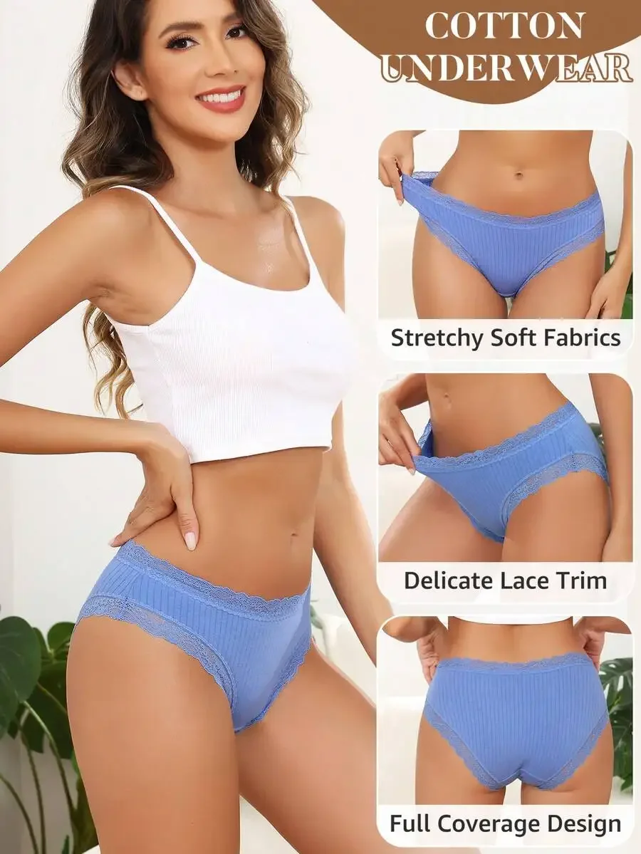 

12 Pack Cotton Women Lace Bikini Panties Full Coverage Soft Stretch Hipster Briefs S-XL
