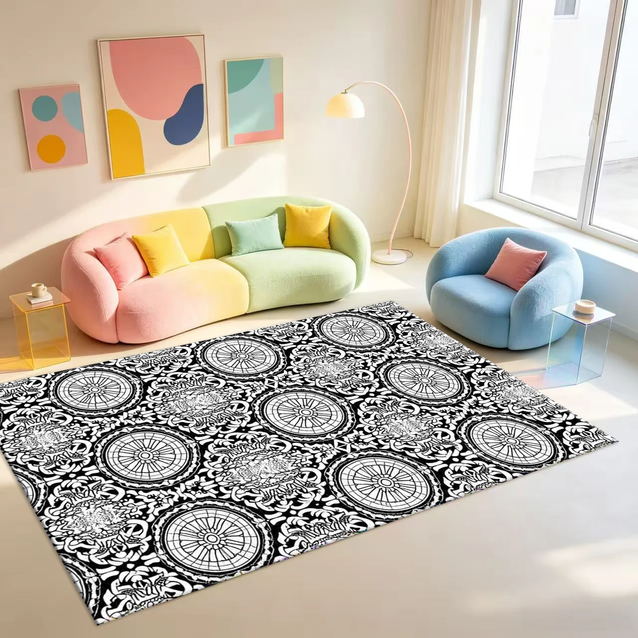 Black White Ornate Mandala Damask Pattern Carpet Flooring Vintage Monochrome Art Area Rug For Indoor Home Floor Cover