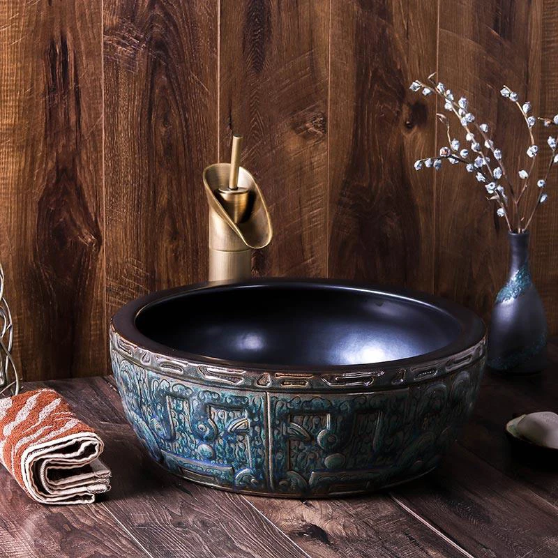 

Jingdezhen Ceramic Wash Basin Bronze round Chinese Character Hotel Bathroom Artistic carving ceramic wash basin bathroom sink