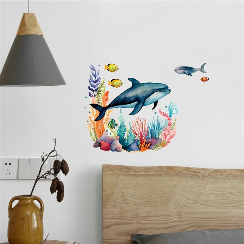 Ocean Animal Wall Stickers for Bathroom Shower Room Sea Turtle Whale Seaweed Coral Wall Decals Bathtub Home Decoration Murals