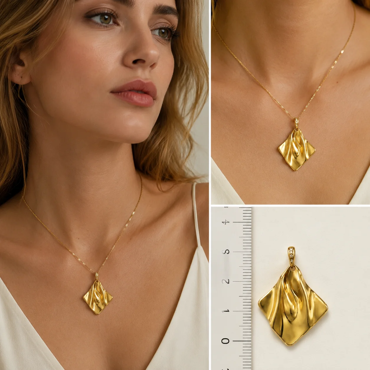 18K Gold Plated Stainless Steel Irregular Rhombus Pendant Charm for Women Water Ripple Statement Necklace Jewelry Wholesale