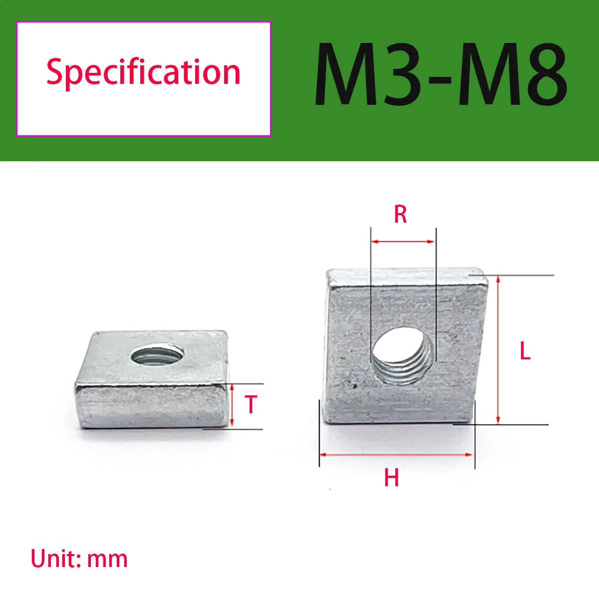 Zinc-Plated Carbon Steel Square Nut M3-M8 Rectangular Thin Slider Block Nuts Aluminum Profile Accessory Fastener Hardware