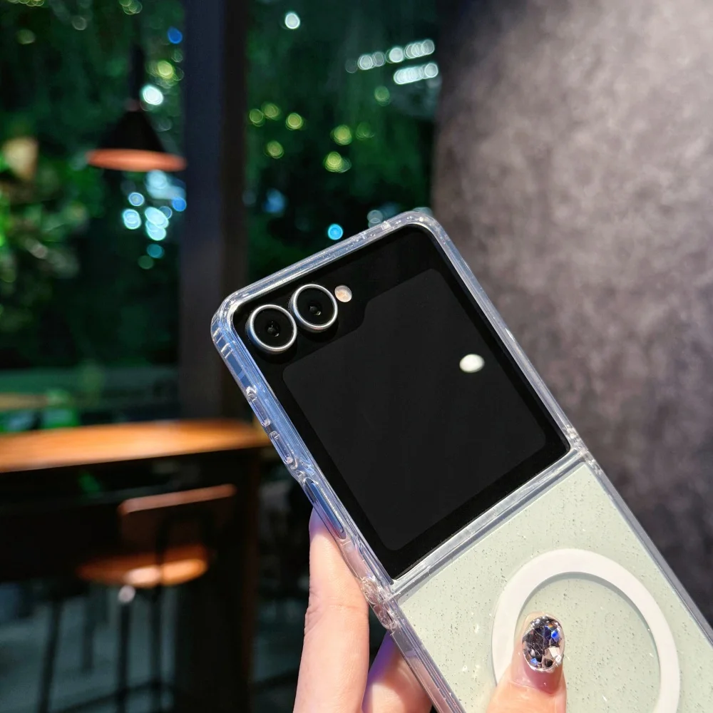 โปร่งใสBling Glitterแม่เหล็กสําหรับSamsung Galaxy Z Flip 7 6 5 4 3 5Gไร้สายชาร์จนุ่มกันชนป้องกัน