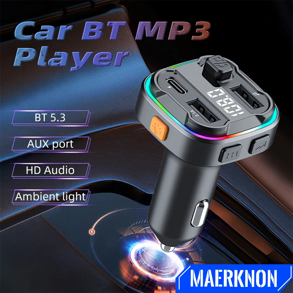 

MP3 Player Bluetooth 5.3 FM Transmitter Handsfree Car AUX Radio Modulator Dual USB Type-C 3.1A Fast Charger With Ambient Light