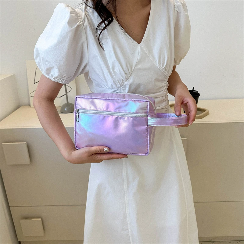 New Solid Color Laser Cosmetic Bag Ins Wind Portable Wash Storage Bag Makeup Gift Bag Makeup Pouch Travel Cosmetic Organizer