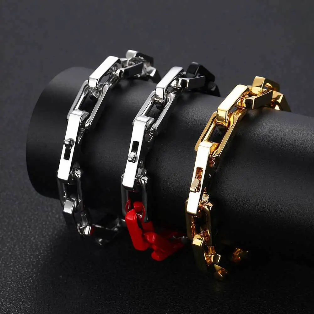 

Hiphop 9mm Bamboo Chain Bracelet Stainless Steel For Men 18K Gold Plated Black Red Color Punk Square Link Chain Necklace Gift