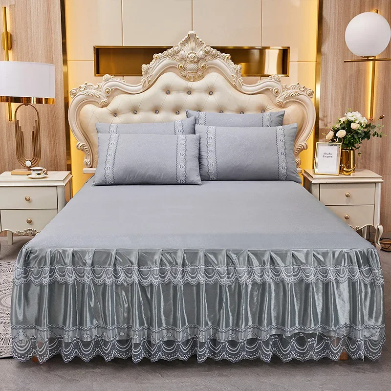 

Lace Skirt Bedding Bed Princess Beige Lace BedSkirt and Pillowcase Bed Cover Bedspread Bed Sheet Anti Slip Protective