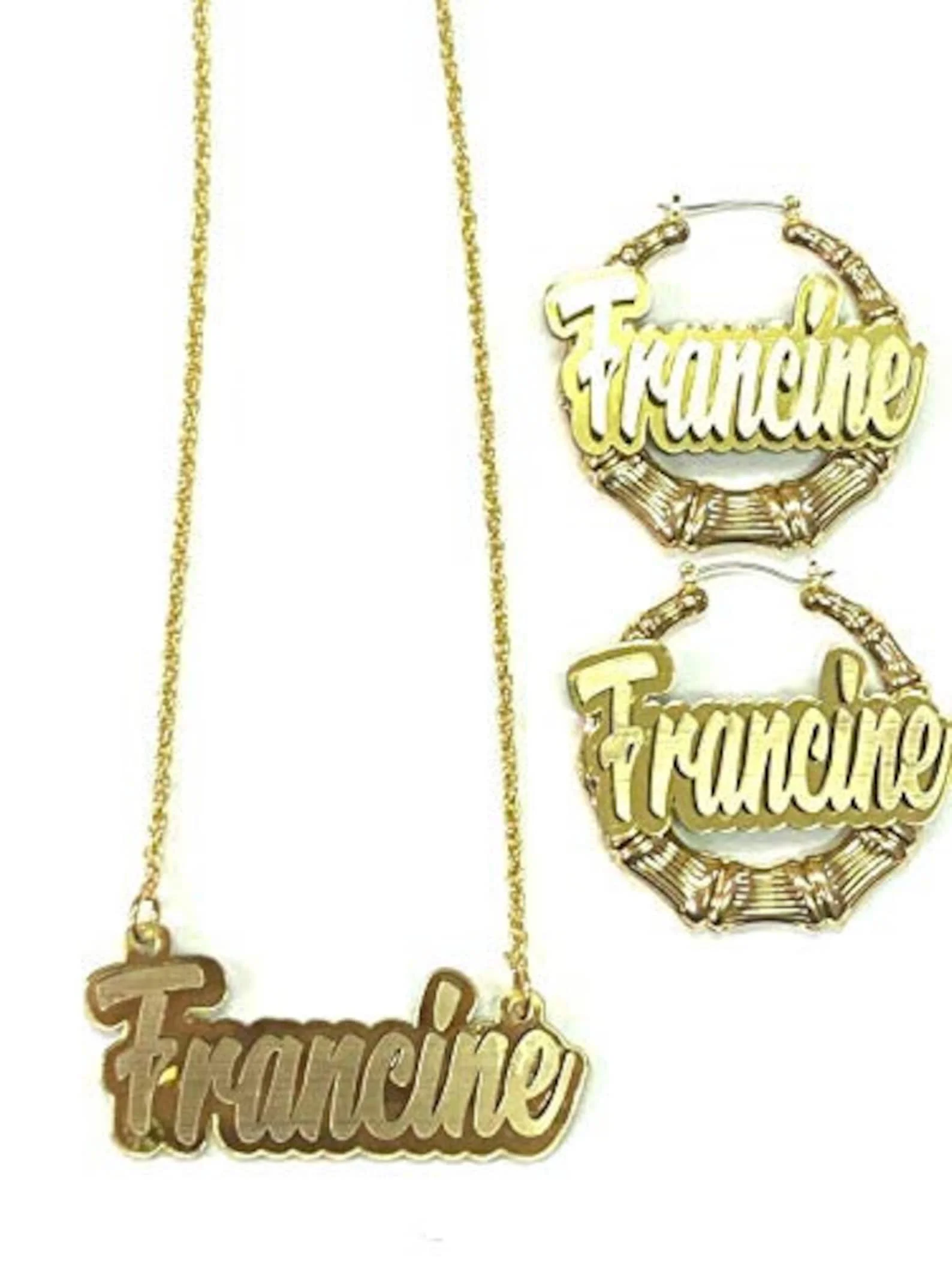 Custom Matching Necklace and Gold Bamboo Earrings Set Name Plate Custom Laser Cut Made To OrderGold Script Dazzling and Stunning