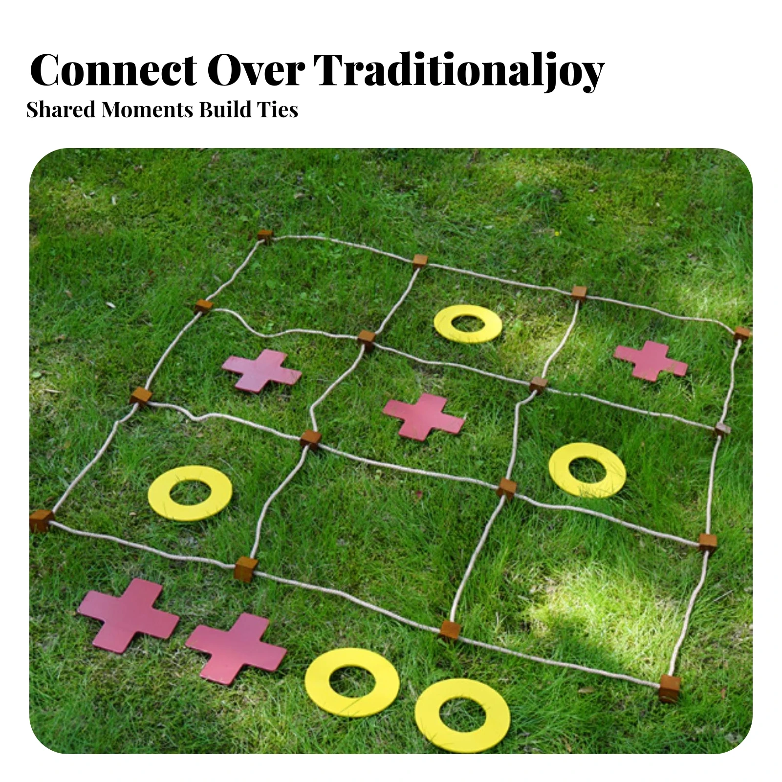 Tic-Tac-Toe Game with Rope Grid Solid Wood Noughts and Crosses Toe Game Rustic Artisan for Families, Playroom, Backyard