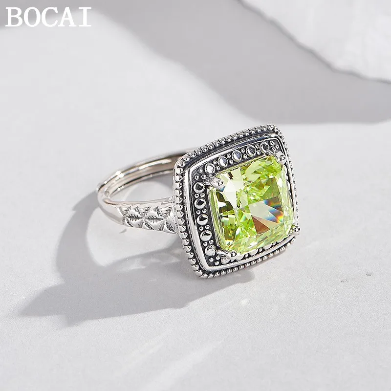 

BOCAI S925 Sterling Silver Jewelry Vintage Personality Apple Green Zircon Sugar Cube Engagement Ring Women's Selected Gift