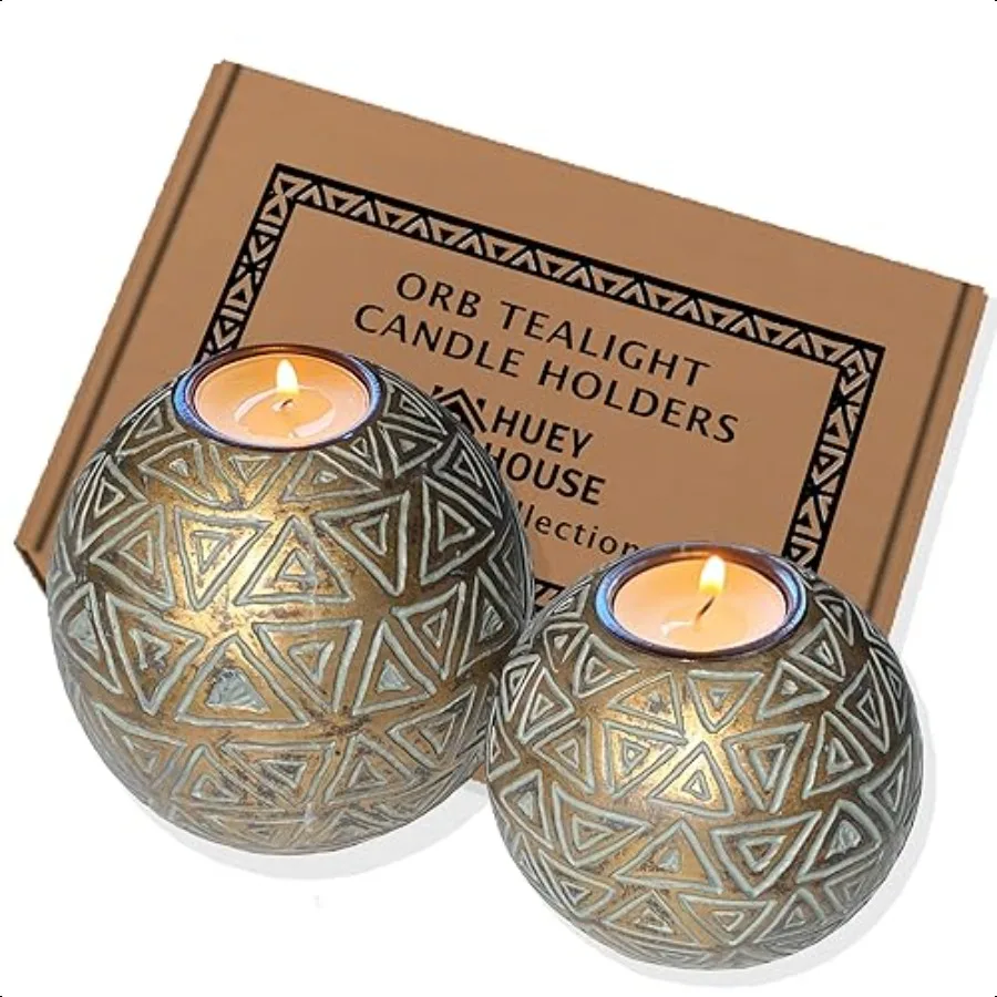 

Gold Orb Tea Light Candle Holders Gift Boxed Set of 2 Aurum Collection Coffee Table Decor (Rustic Triangle Pattern Gold and Gra