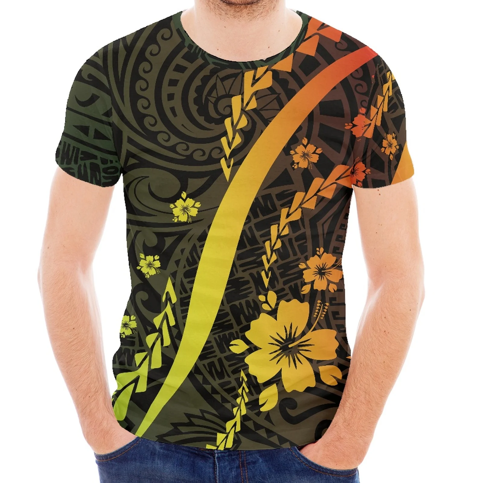 New Hibiscus Floral Polynesian Tattoo Print Design Hawaiian Round Neck Short Sleeve Slim T-Shirt Men's Spring/Summer