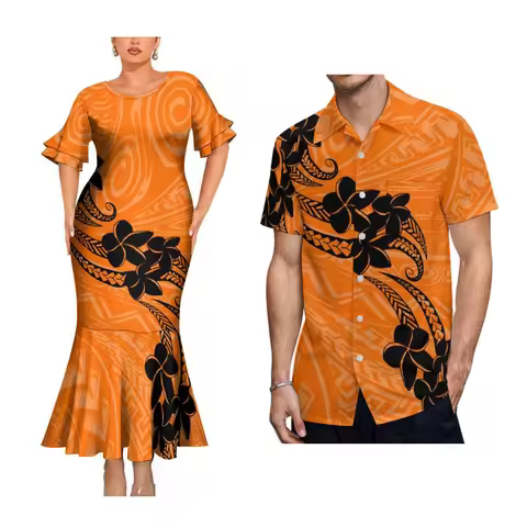 2025 High Quality Hawaiian Women'S Petal-Sleeve Dress Samoan Ethnic Evening Dress Polynesian Island Men'S Aloha Shirt
