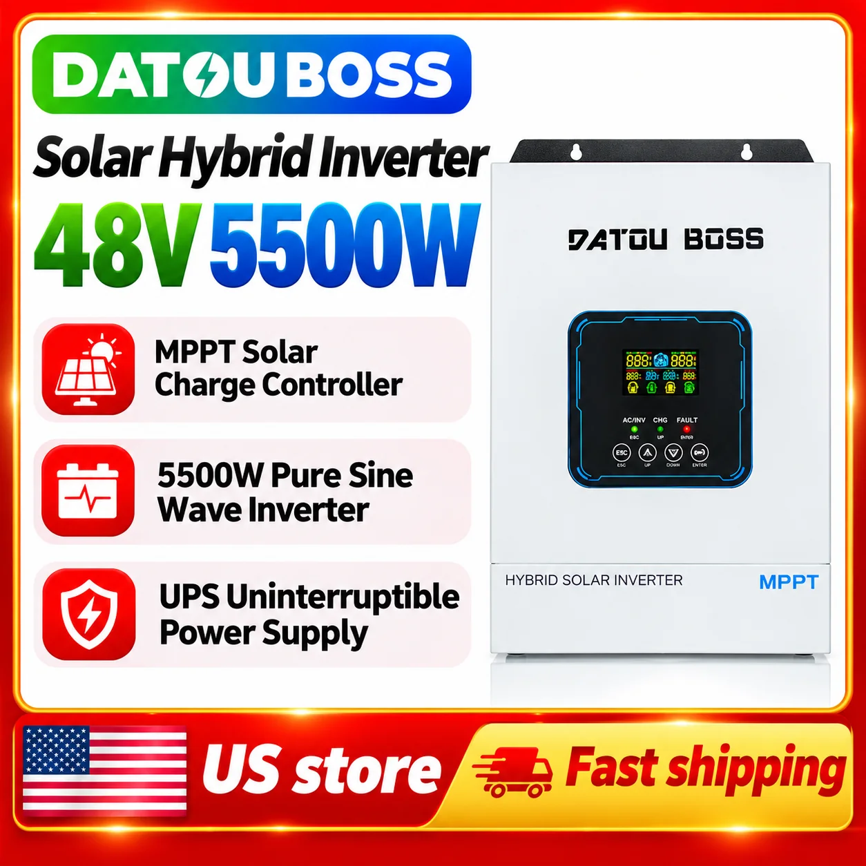 DATOUBOSS 48V 5500W Hybrid Solar Inverter, 48V DC to 110/120V AC Pure Sine Wave Built-in 100A MPPT Charger, 8500W PV Input, 500V DC, Off-Grid Inverter for Home Backup, RV & Solar Systems US store