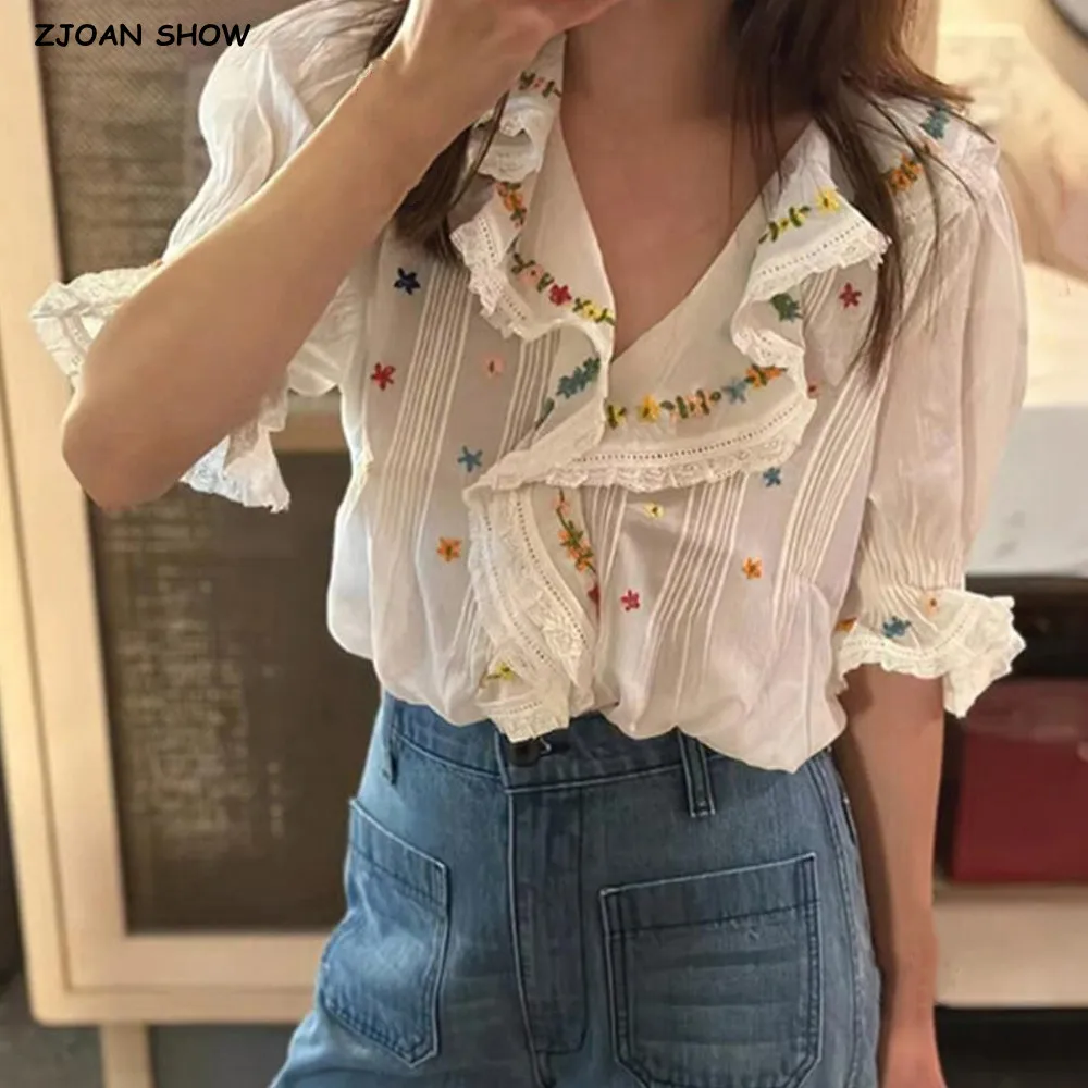 

Sweet Apricot Embroidery Flower Ruffles V neck Cotton Shirt Women Single-breasted Buttons 3/4 Puff Sleeve Girls Blouses Top