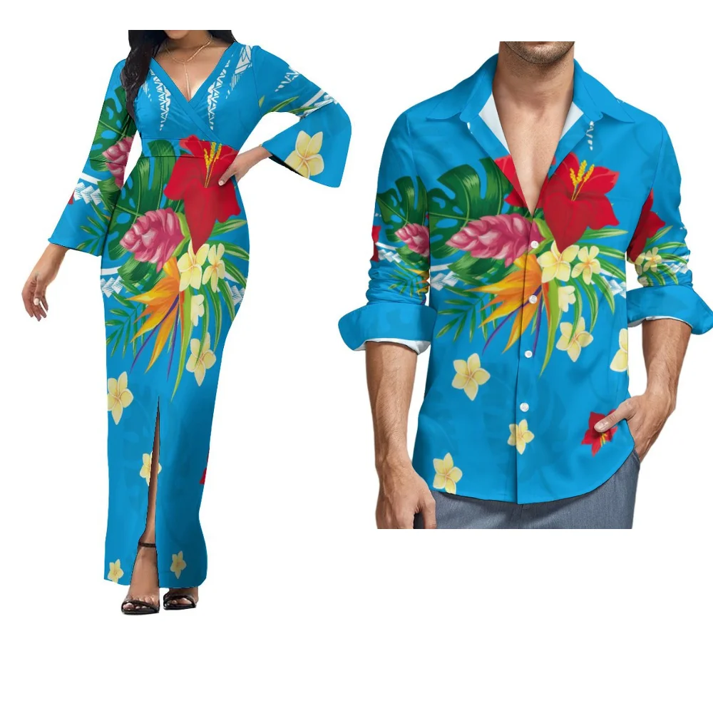 

Hawaiian Couple Dress Flared Sleeve Maxi Dress Temperament Slit Design Men'S Long Sleeve Shirt Custom Polynesian Floral Print