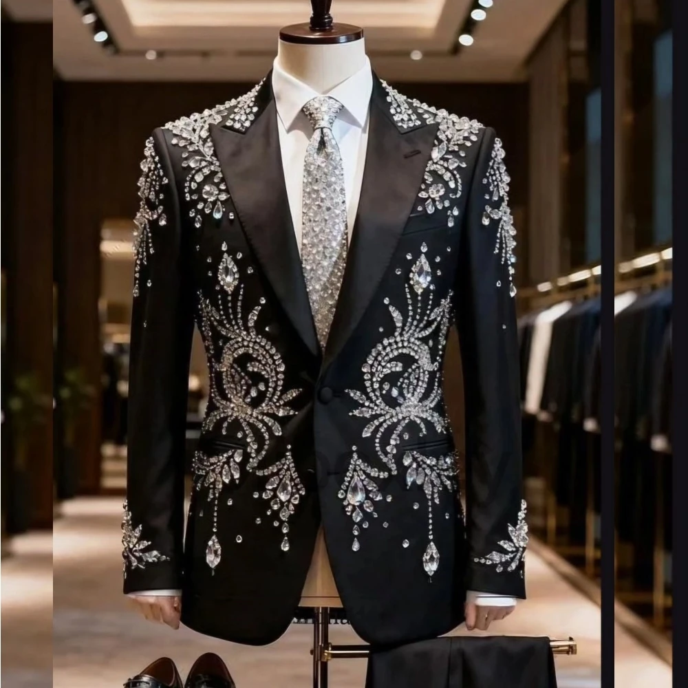 Olibexley Luxury Diamond 2 Pieces Sets Men Suits Ropa Hombre Peaked Lapel Groom Tuxedos Male Party Prom Blazer Customized S333