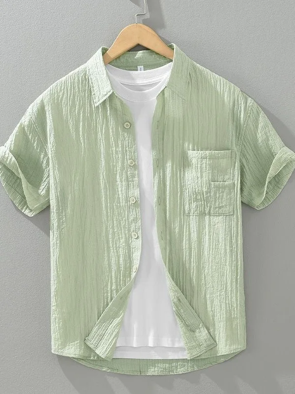 

Summer Thin Casual Color Pure Cotton Shirt Half Sleeve Men's Top Pure Cotton Workwear Bubble Cloth Short Sleeve Shirt