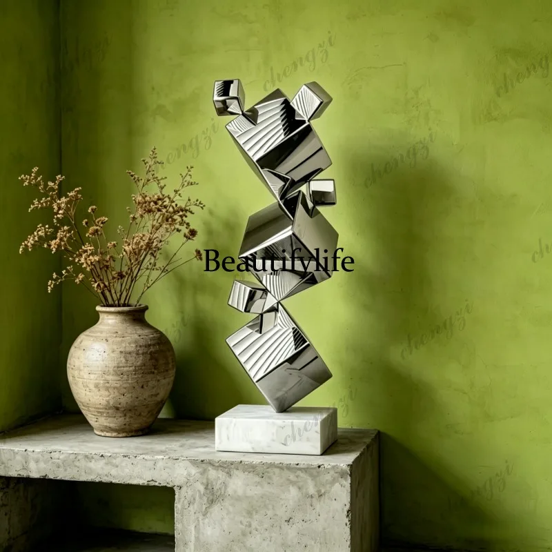 TTT Stainless Steel Water Ripple Cube Geometry Mirror Creative Model Decor for Hotel Office Porch Home Shop
