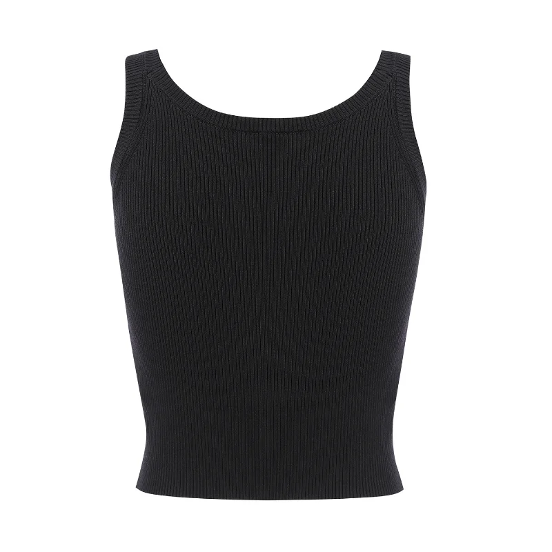 French Luxury Floral Bead-trimmed Round-neck Knitted Top High Quality Chic Sleeveless Black Basic Knitted Vest Women