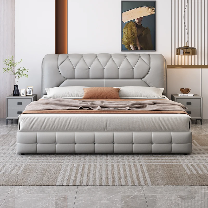 ^Customize Modern Italian Minimalism Gray Queen King Size Leather Upholstered Storage Platform Soft Box Spring Bed Frame Tufted - view 4
