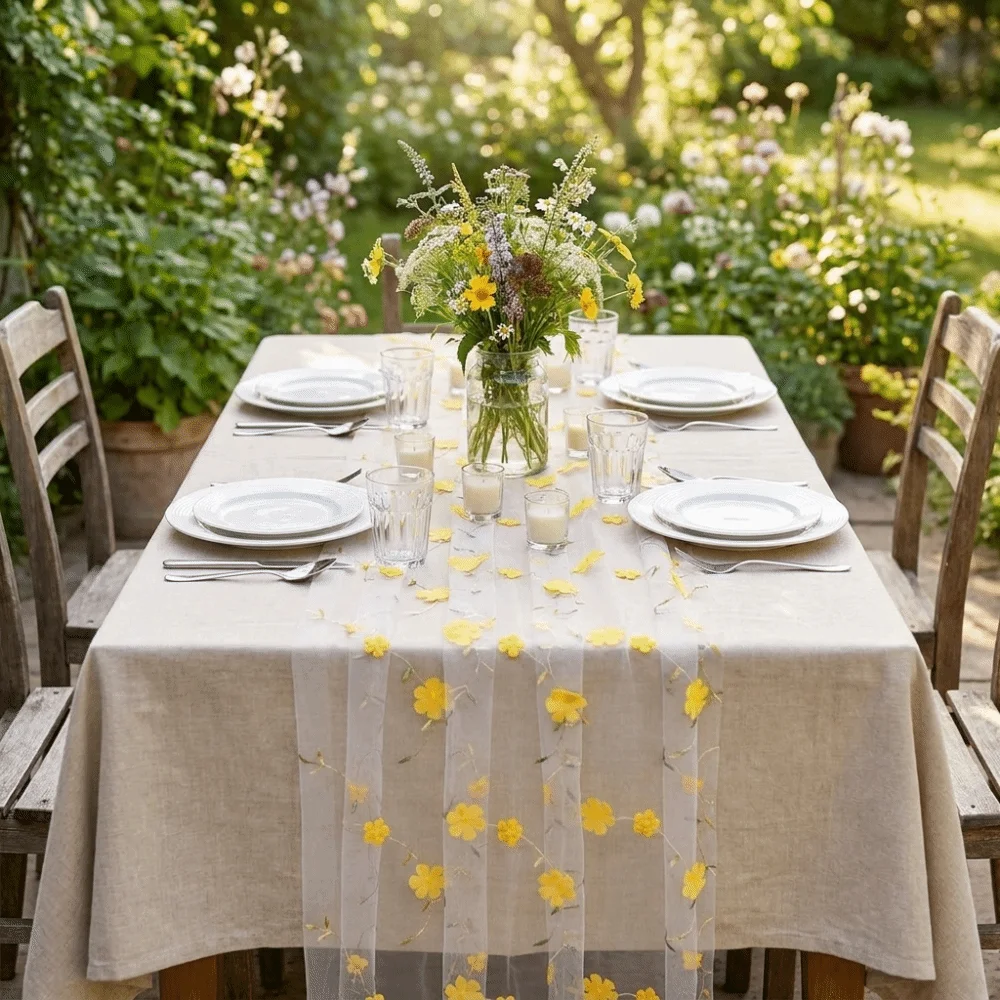 Elegant Romantic Tulle Table Runner 3D Embroidery Semi-Transparent Gauze Table Flag Vintage Floral Tablecloth Banquet