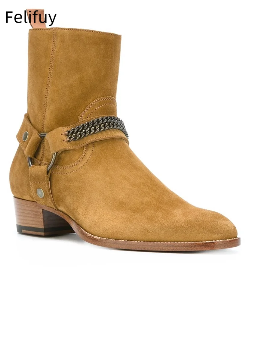 Fashion Brown Cow Suede Boots for Men Classic Leisure Cowboy Low Heel Boots Men Zipper Mens Genuine Leather Ankle Boots size 46