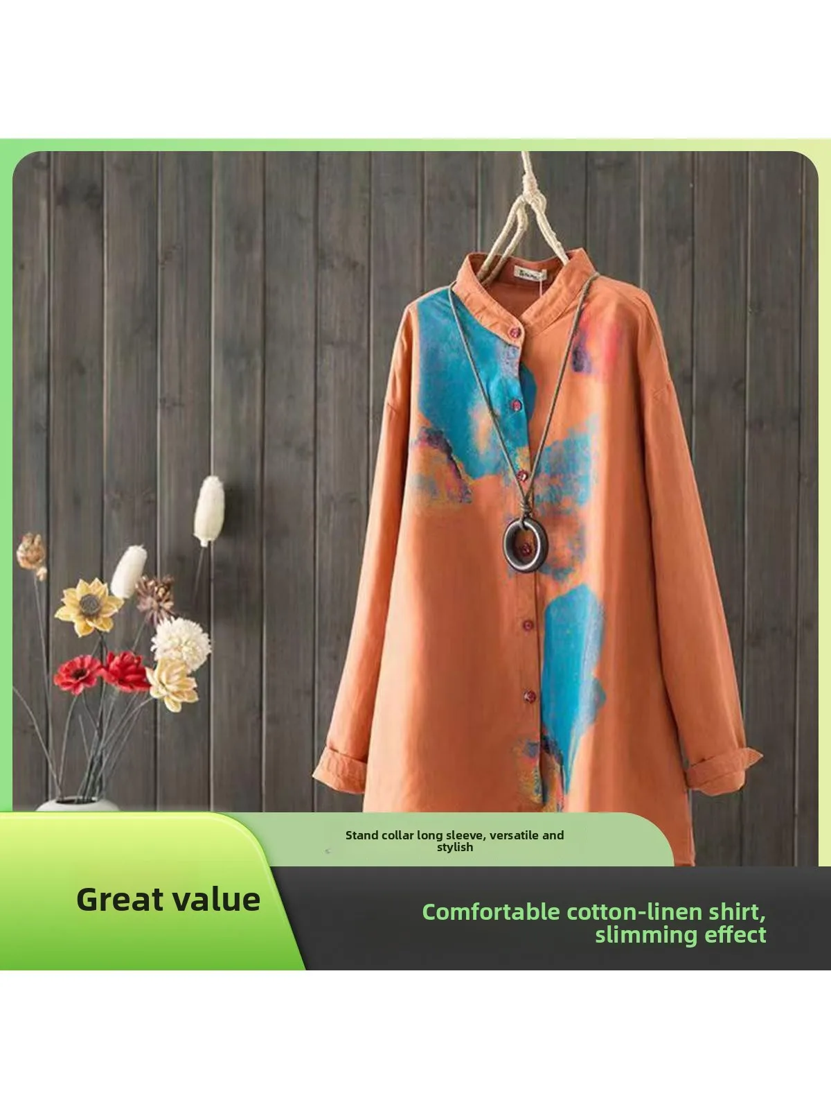 

Loose Fit Long Sve Cotton Linen irt Brand Women's Clothing Tailored Slimming Mid-Length Stand Collar Busin Casual