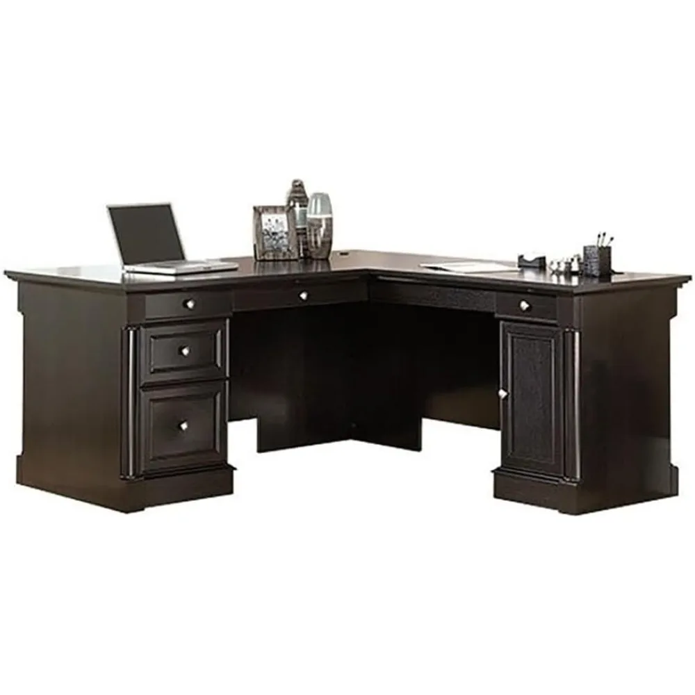 Contemporary Engineered Wood L-Shaped Computer Desk with 3 Drawers, Flip-Down Panel, Grommet Holes, for Office Space, in Wind