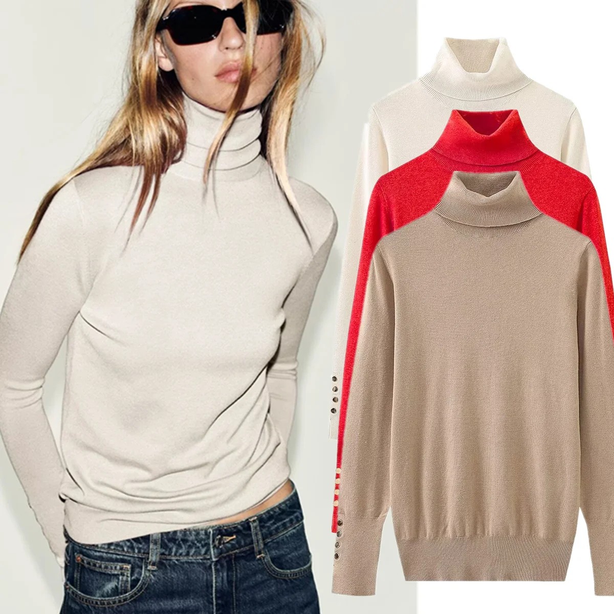 เสื้อไหมพรมคอเต่าผู้หญิง Dave&Di แบบเรียบง่าย สไตล์มินิมอล พร้อมกระดุมสีทอง ดีไซน์เรียบหรู