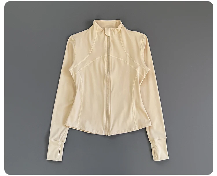 Damen Slim Fit Yoga-Jacke mit Stehkragen, Reißverschluss, Daumenlöchern, langen Ärmeln, für Laufen, Fitness und Sport. – Detail 9