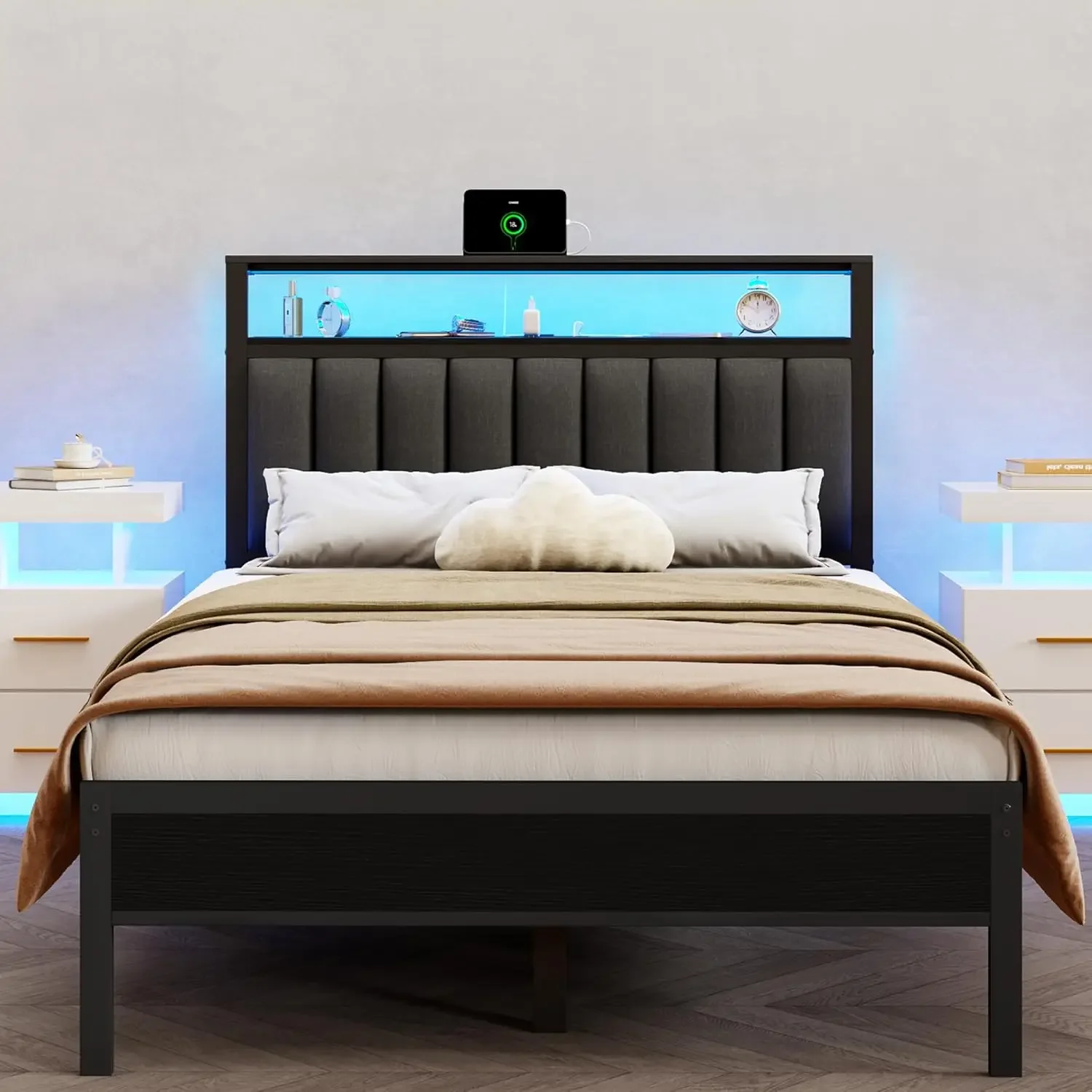 Full Size Frame with Charging Station and LED Lights, Platform Bed with Metal Slats, Grey Upholstered Headboard