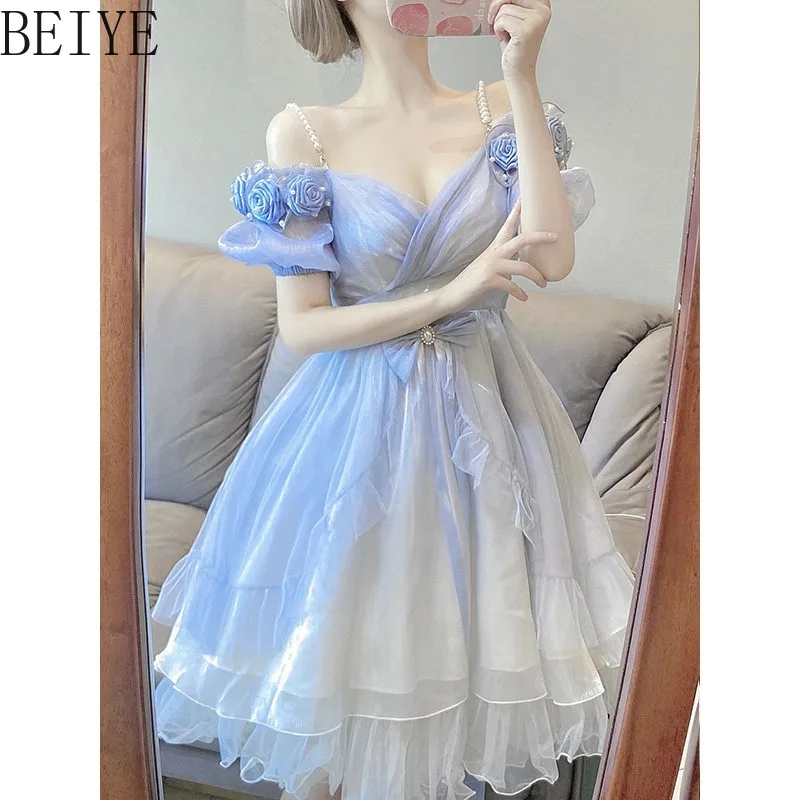 Lolita Flower Marriage Gradual Dresses for Women Blue Princess Sweet Elegant Lady Dress Female Lolita Rose Off Shoulder Dress