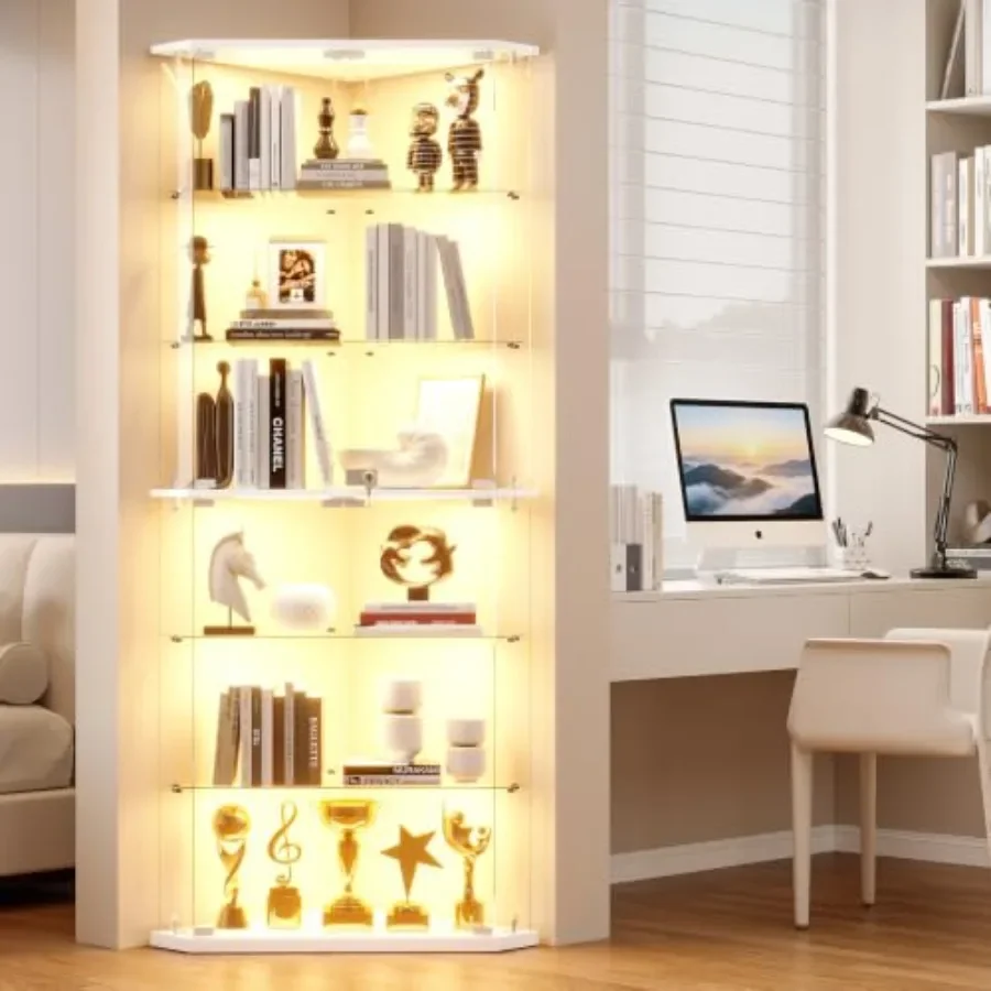 6-Tier Corner Display Cabinet with Glass Doors for Collectible, White, Space-Saving and Elegant Design
