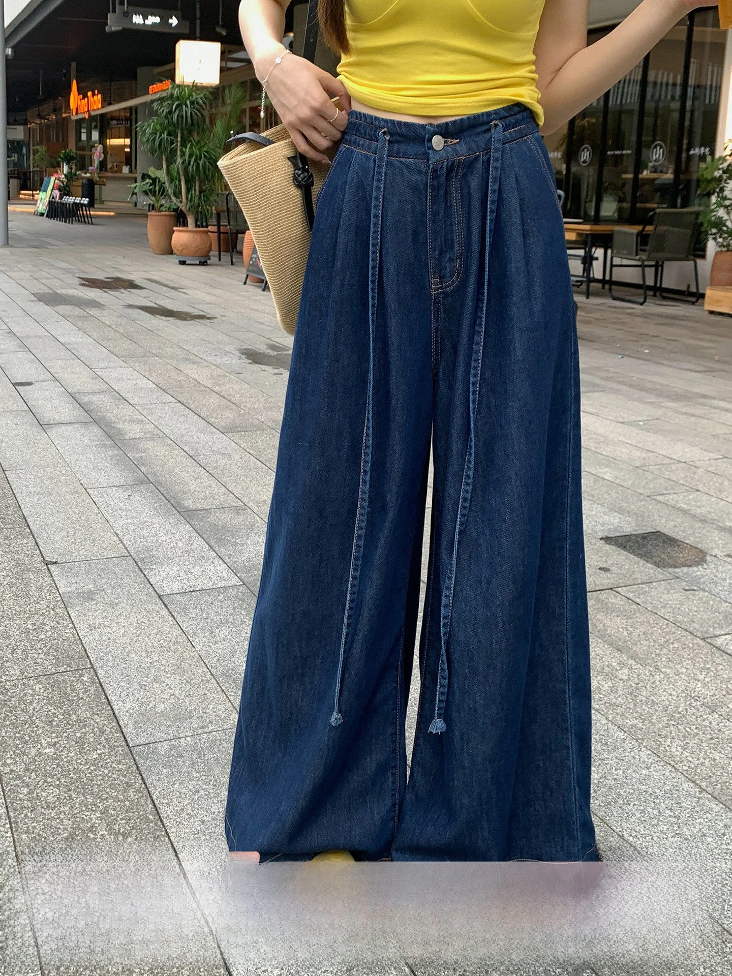 

High Waist Wide Leg Casual Washed Denim Jeans Women's Loose Fit Drawstring Vintage Style Autumn Fashion plus Size Trousers