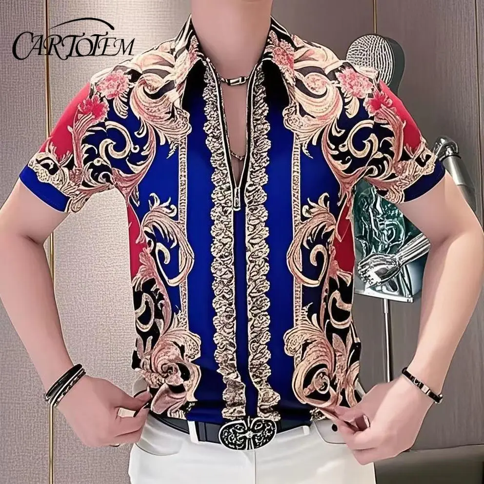 

Мужская рубашка с коротким рукавом и принтом в стиле барокко с застежкой-молнией в стиле ретро в королевском стиле