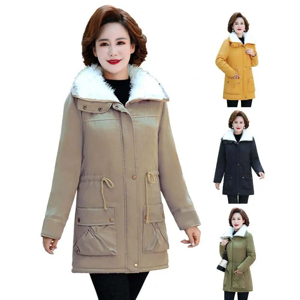 Winter Women Jacket Thickened Turn-down Collar Long Sleeves Plush Coat Mid Length Elastic Waist Pockets Zipper Closure Coat