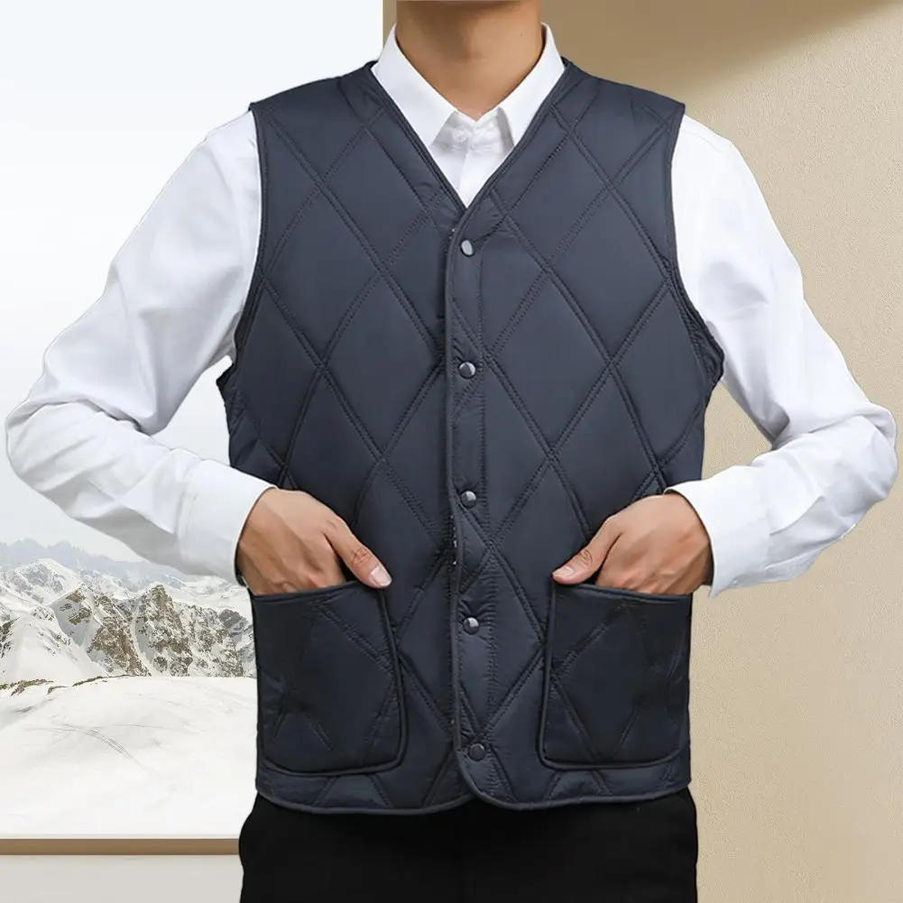 Men Velvet Waistcoat Men's Velvet Quilted Waistcoat with Plush Lining Stylish V-neck Winter Vest for Men Single-breasted Design