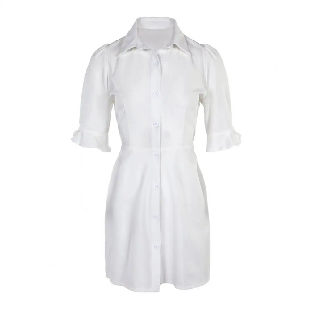 Robe chemise élégante à revers pour femmes, manches courtes, robe midi d'affaires, robe monochrome, tenue de bureau pour document, mince, été