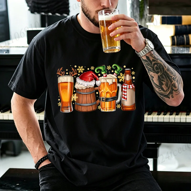 Camiseta con Gráfico de Cerveza Navideña para Hombres y Mujeres, Camisetas para Fiesta de Navidad, Ropa Casual Urbana, Diseño de Bebidas Navideñas, Conjuntos Familiares a Juego