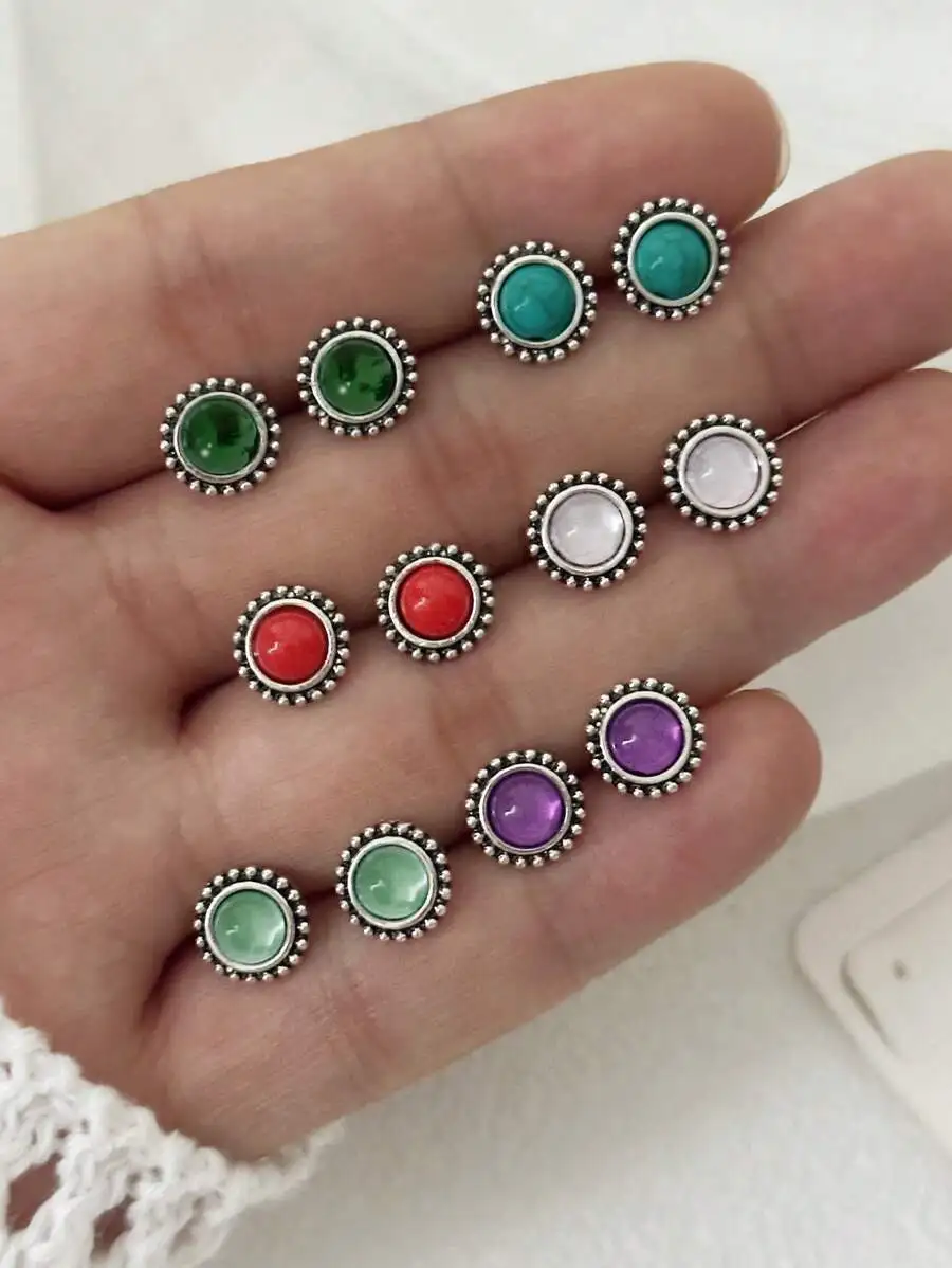 6 Pairs Vintage Round Stud Earrings Multicolor Gemstone Set