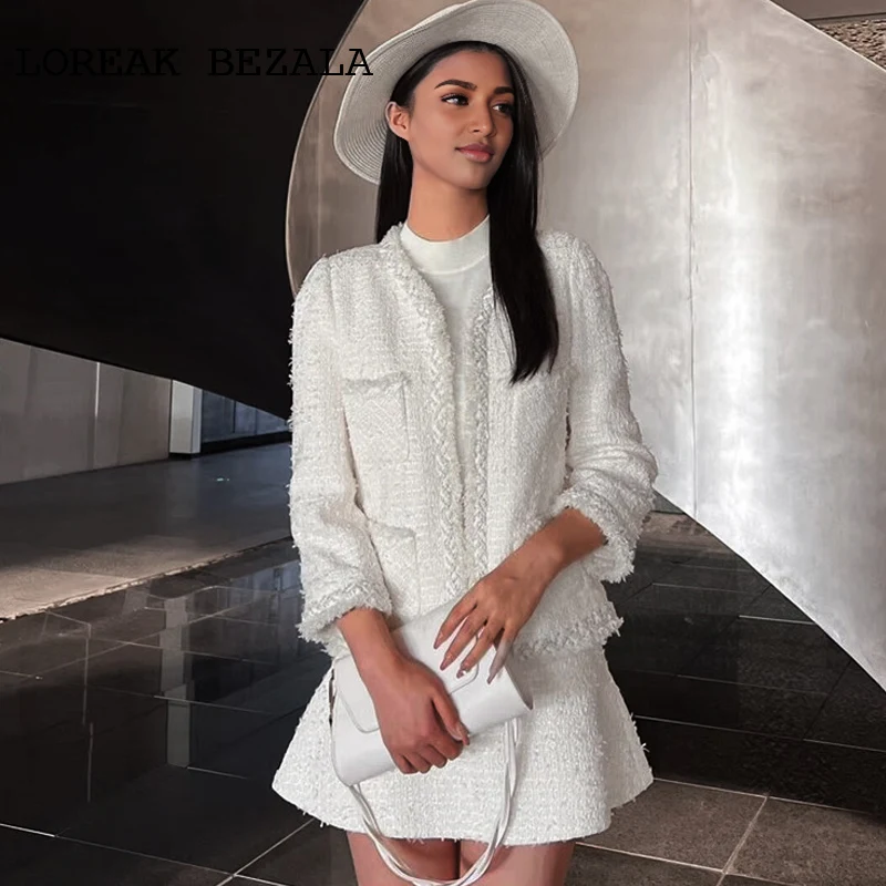 Ensemble veste + jupe en Tweed blanc pour femme, tenue de vacances élégante, printemps/automne, 2 pièces