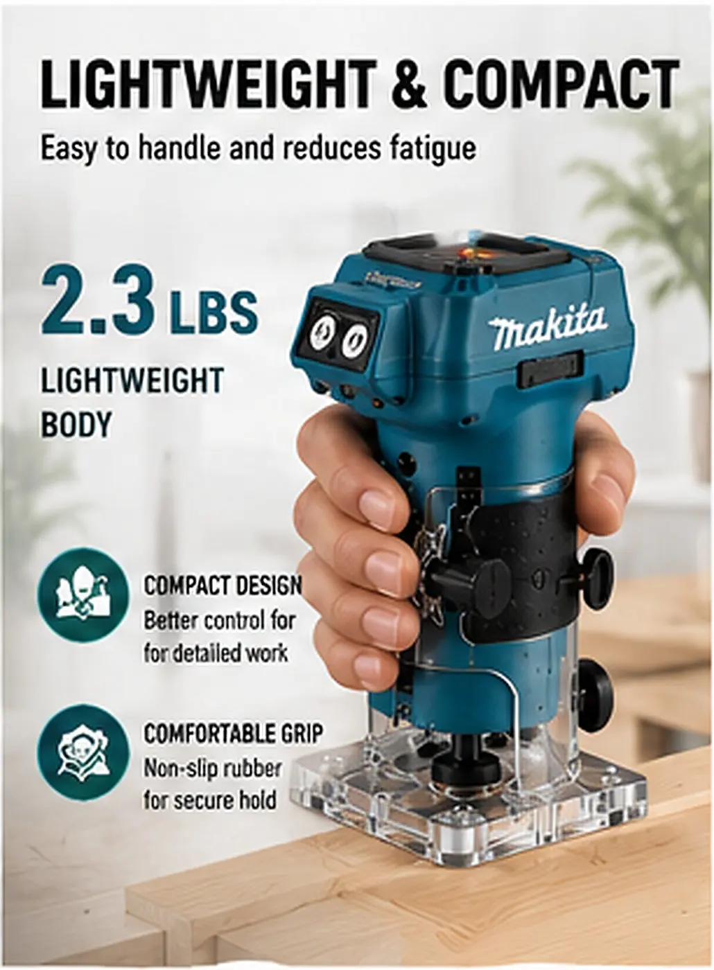 Kabelloser Makita DRT52 Kompakt-Fräser, 18V LXT Leistung für Präzisions-Multitasking, Kantenbearbeitung und Nutfräsen