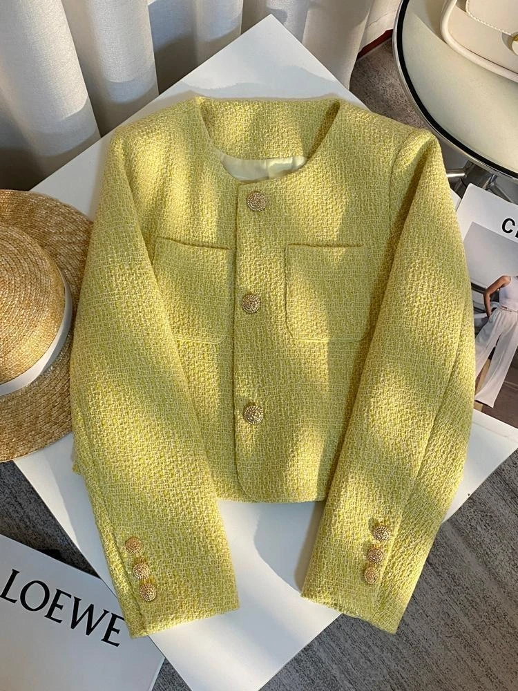 

High-End Yellow Tweed Round Neck Short Jacket Single Breasted Autumn French Jacket Elegant Temperament Coat