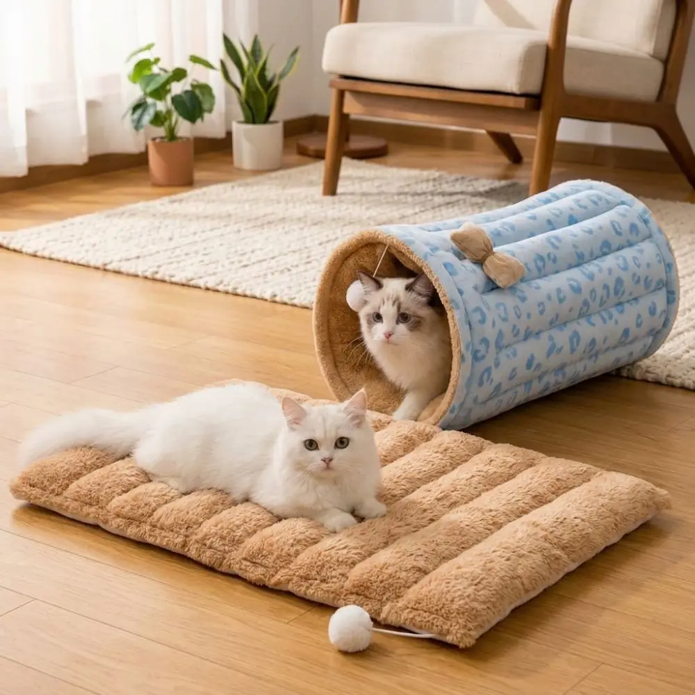 Folding 2 in 1 Cat Tunnel Bed Plush Warm Large Space Play Rest Cat Mat Thickened with Plush Ball Winter Warm Cat Bed Bedroom Use