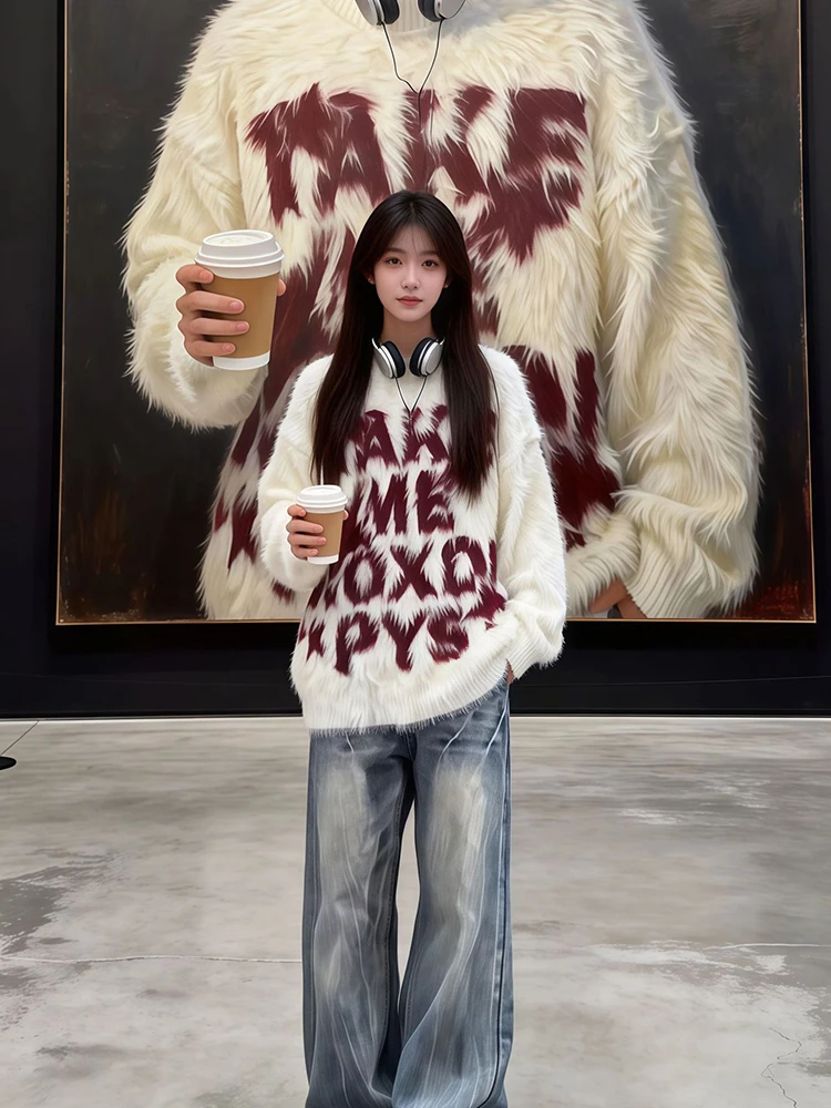 

Мужской свободный свитер из норкового велюра в американском стиле, модный брендовый, зимний, повседневный, мягкий, вязаный, с длинным рукавом, для ношения под одеждой