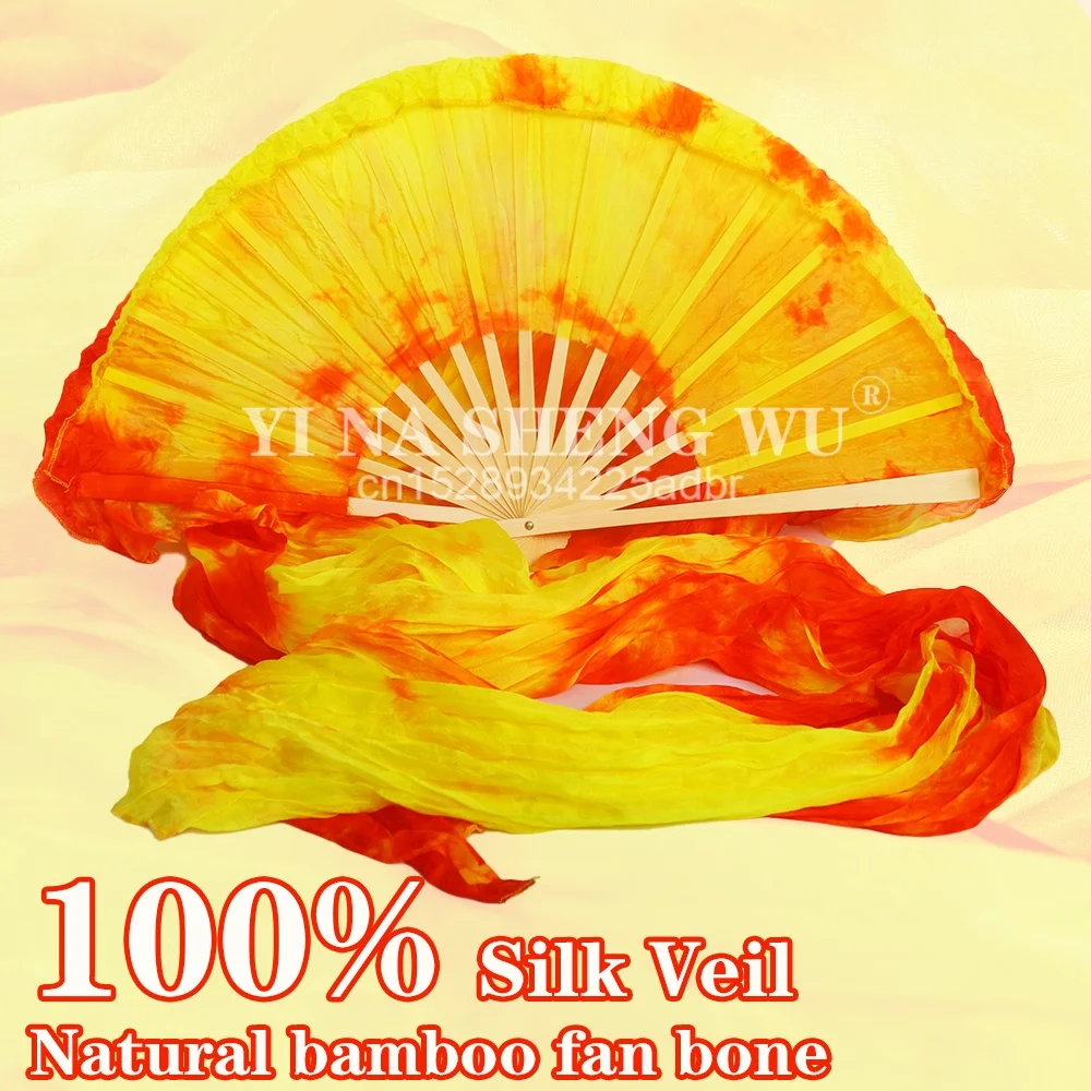 100% Real Silk Belly Dance Fans Kids Women Party Stage Performance Folding Tie-dye Long Fan Veil Flowy Light (1.2m 1.5m 1.8m