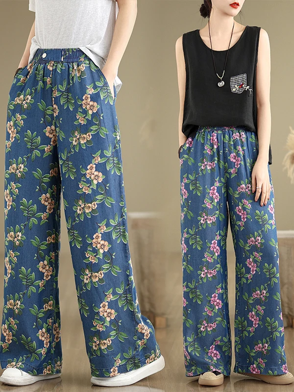 디자인 센세이션 여름 여성 와이드 레그 진스 엘라스틱 웨이스트 하이 웨이스트 블루 데님 스트레이트 컷 팬츠 캐주얼 다용도