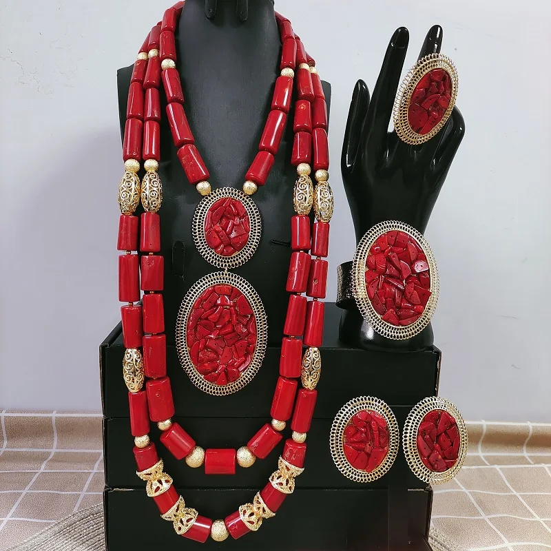 Real red coral bead jewelry set latest Ankara style for igbo traditional wedding