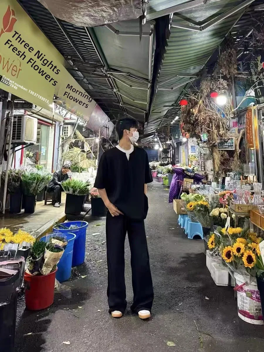 

American Sle Casual Loose ort Sve T-irt Double Layer Collar Color Blo Men's Top Youth ular Cotton Summer Wear